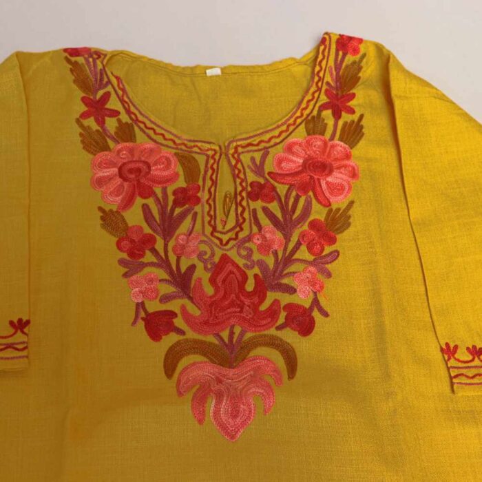 Yellow Pink abshar Posh Kashmiri Embroidery Girl Summer Kurta With Trousers (2-3 y) - Image 2