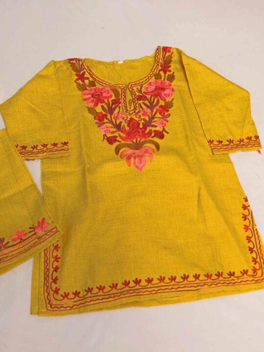 Yellow Pink abshar Posh Kashmiri Embroidery Girl Summer Kurta With Trousers (2-3 y)
