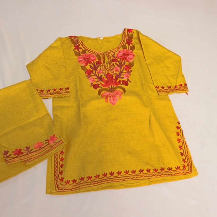 Yellow Pink abshar Posh Kashmiri Embroidery Girl Summer Kurta With Trousers (2-3 y)