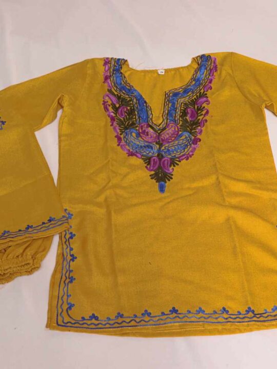 Yellow Purple Abshar Kashmiri Embroidery Girl Summer Kurta With Trousers (3-4 y)