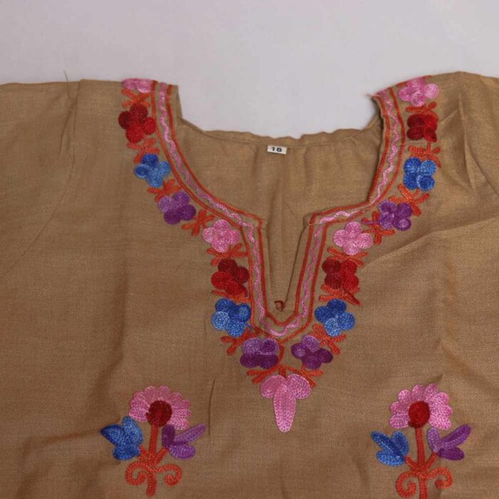 Light Brown Purplish Abshar Kashmiri Embroidery Girl Summer Kurti With Trousers (1-2y) - Image 3