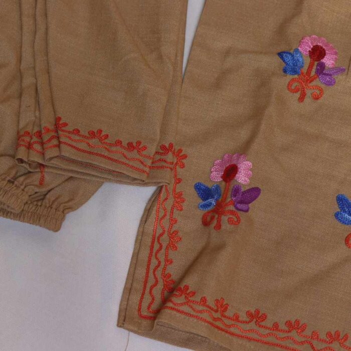 Light Brown Purplish Abshar Kashmiri Embroidery Girl Summer Kurti With Trousers (1-2y) - Image 2