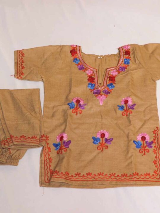 Light Brown Purplish Abshar Kashmiri Embroidery Girl Summer Kurti With Trousers (1-2y)