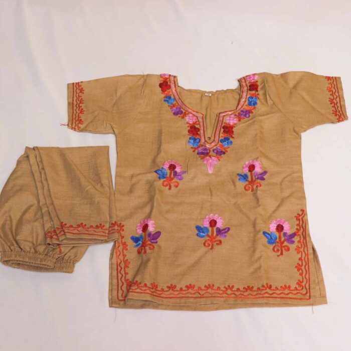 Light Brown Purplish Abshar Kashmiri Embroidery Girl Summer Kurti With Trousers (1-2y)