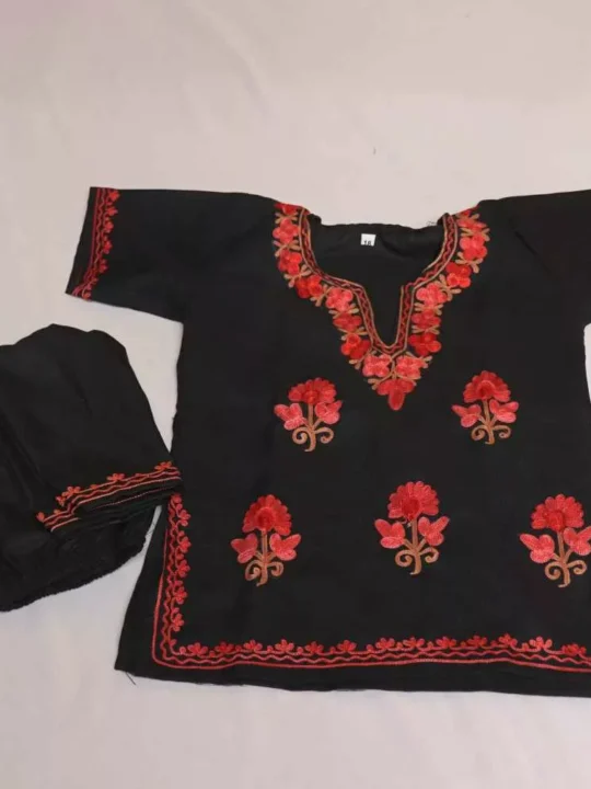 Black Wazul Booti Abshar Kashmiri Embroidery Girl Summer Kurta With Trousers (1-2y)