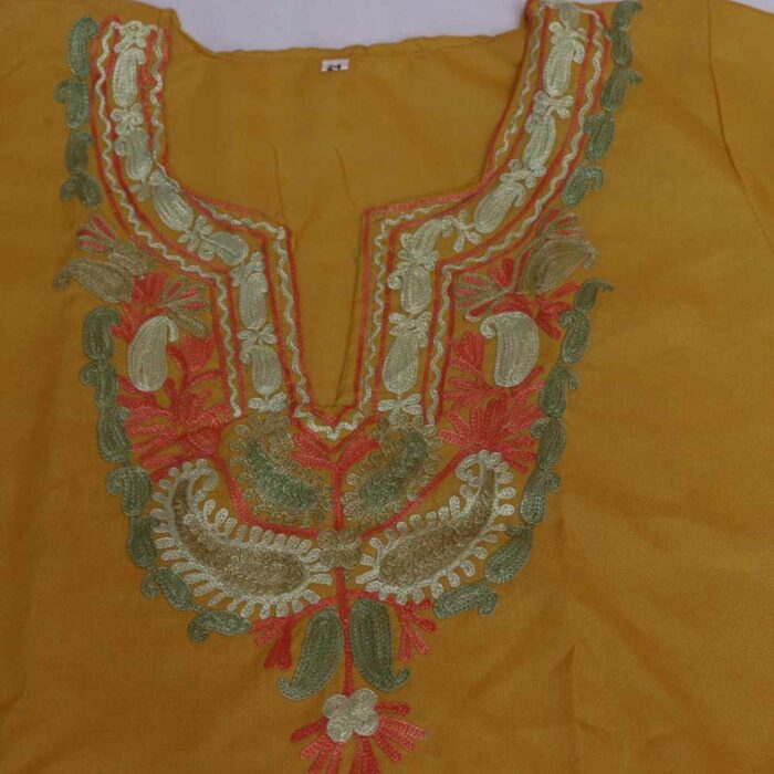 Yellow Sabz Ayat Kashmiri Embroidery Girl Summer Kurta With Trousers (3-4 y) - Image 3