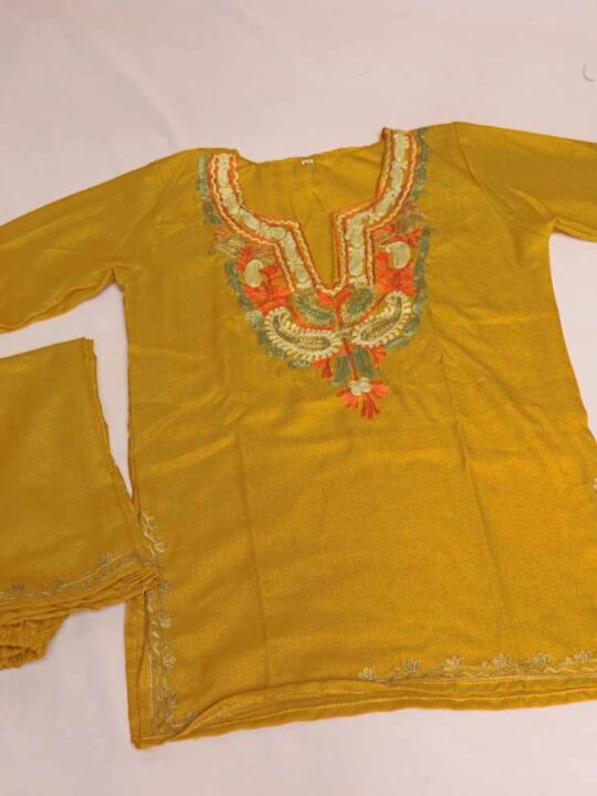 Yellow Sabz Ayat Kashmiri Embroidery Girl Summer Kurta With Trousers (3-4 y)