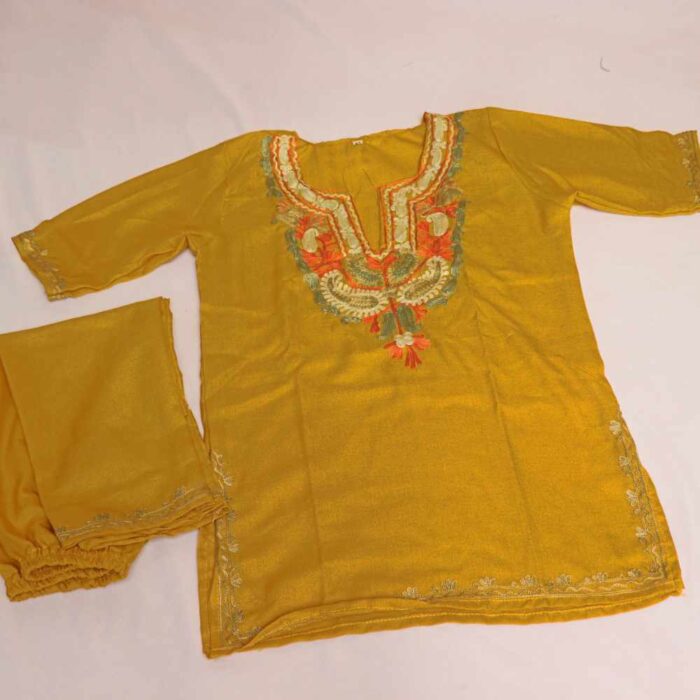 Yellow Sabz Ayat Kashmiri Embroidery Girl Summer Kurta With Trousers (3-4 y)