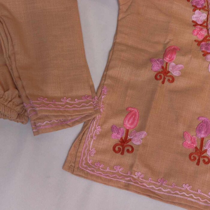 Beige Pink Badami Booti Ayat Kashmiri Embroidery Girl Summer Kurta With Trousers (1-2y) - Image 2