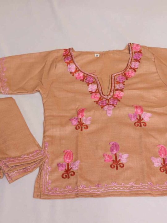 Beige Pink Badami Booti Ayat Kashmiri Embroidery Girl Summer Kurta With Trousers (1-2y)