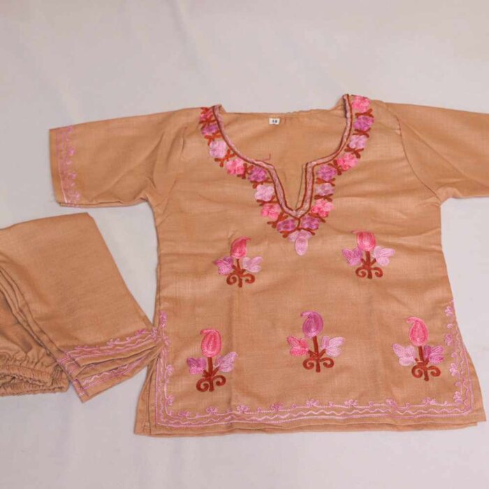 Beige Pink Badami Booti Ayat Kashmiri Embroidery Girl Summer Kurta With Trousers (1-2y)