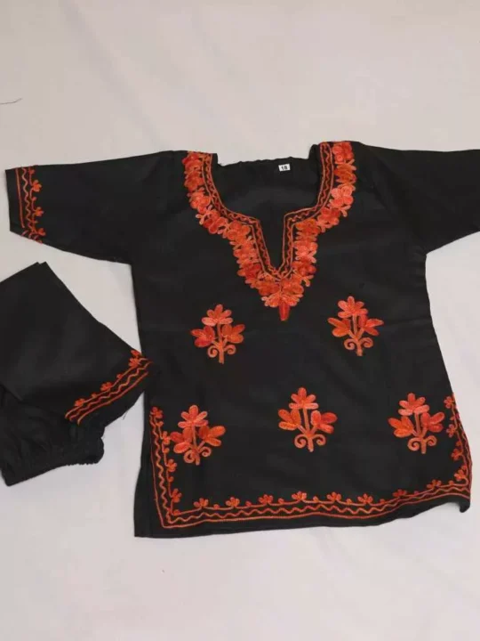 Black Booti Ayat Kashmiri Embroidery Girl Summer Kurti With Trousers (1-2y)