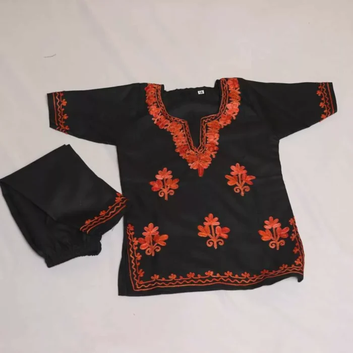 Black Booti Ayat Kashmiri Embroidery Girl Summer Kurti With Trousers (1-2y)