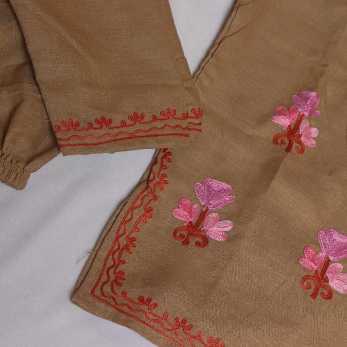 Light Brown Ayat Kashmiri Embroidery Girl Summer Kurta With Trousers (1-2y) - Image 2