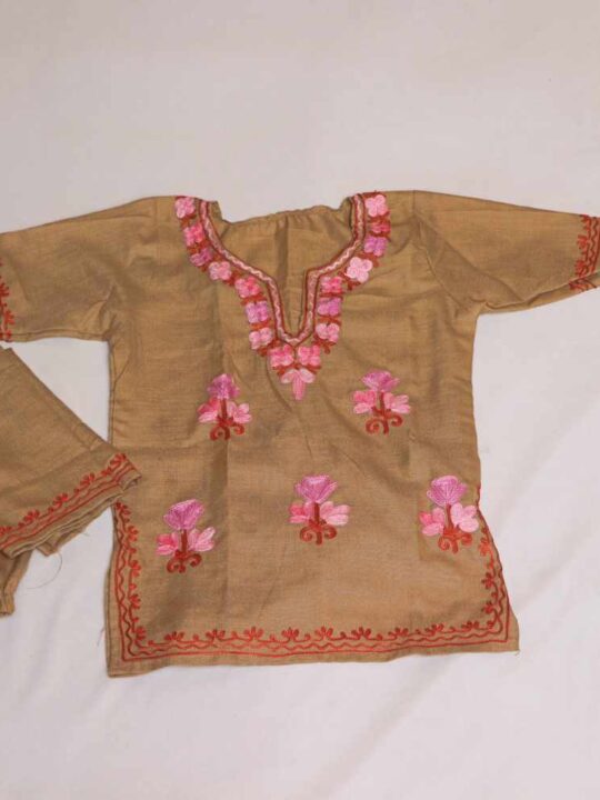 Light Brown Ayat Kashmiri Embroidery Girl Summer Kurta With Trousers (1-2y)