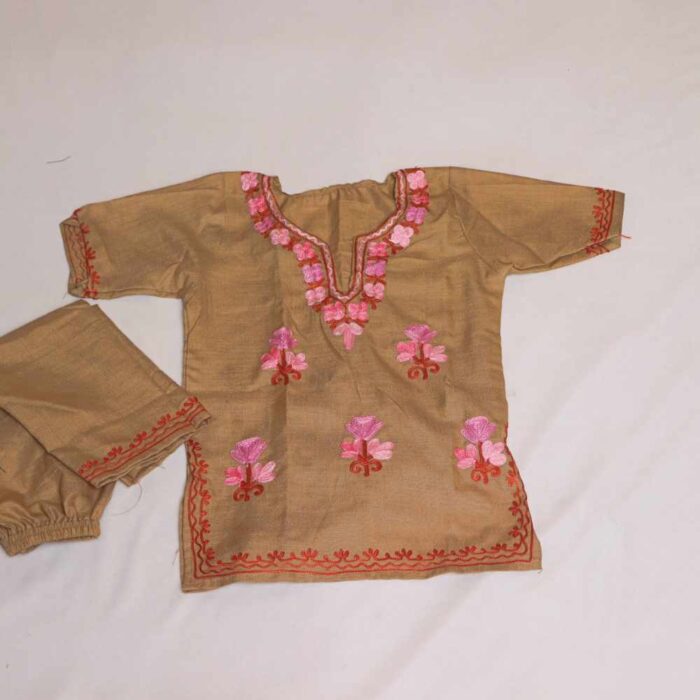 Light Brown Ayat Kashmiri Embroidery Girl Summer Kurta With Trousers (1-2y)