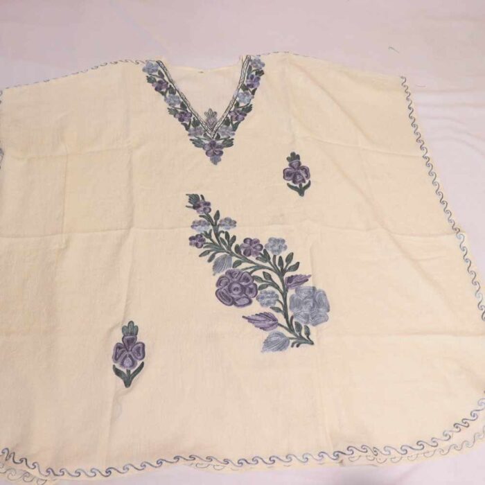 White Daman Girls Crush Cotton Kaftan for Summer With Kashmiri Embroidery (8-9 y)