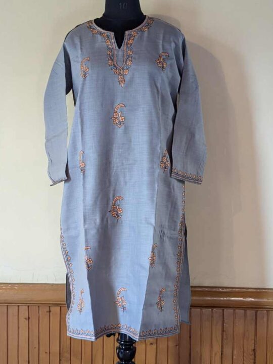 Grey Aaliya Kashmiri Kurti With Orange Booti Hand Sozni Embroidery