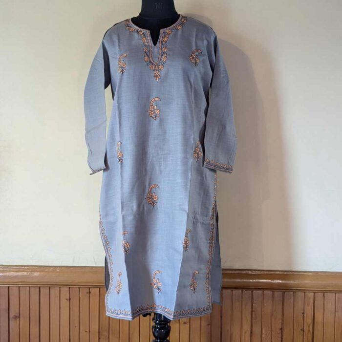 Grey Aaliya Kashmiri Kurti With Orange Booti Hand Sozni Embroidery