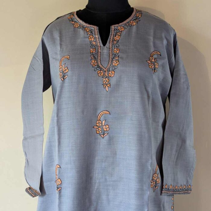 Grey Aaliya Kashmiri Kurti With Orange Booti Hand Sozni Embroidery - Image 2