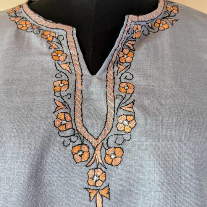 Grey Aaliya Kashmiri Kurti With Orange Booti Hand Sozni Embroidery - Image 3