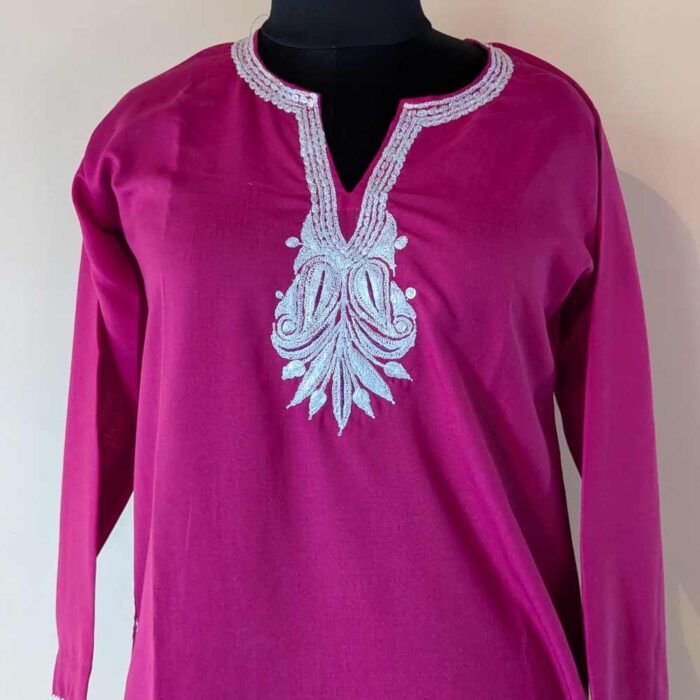 Pink Amana Kashmiri Kurti With Silver Tilla Embroidery - Image 2