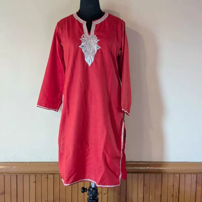 Red Amana Kashmiri Kurti With Silver Tilla Embroidery - Image 3