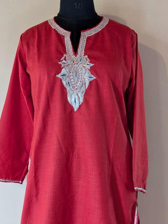 Red Amana Kashmiri Kurti With Silver Tilla Embroidery