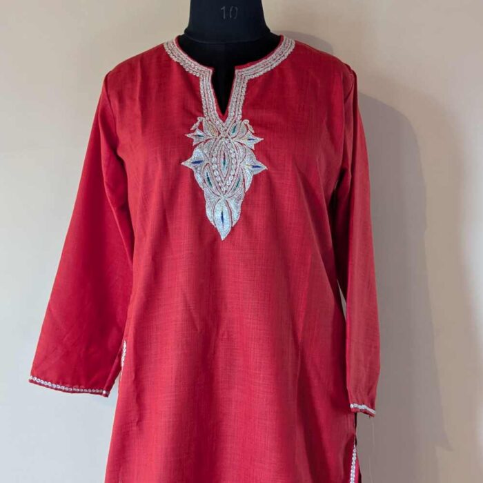 Red Amana Kashmiri Kurti With Silver Tilla Embroidery