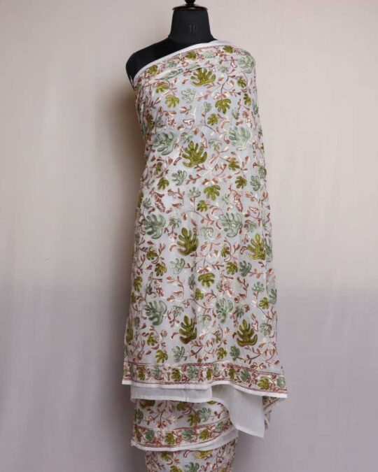 White and Green Kashmiri Chinar Saree | Georgette Indian Saree With Multi Aari Kadai