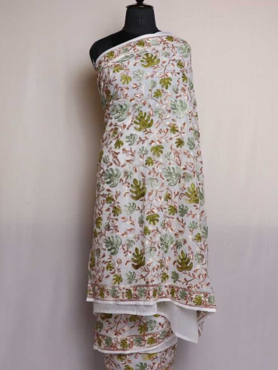 White and Green Kashmiri Chinar Saree | Georgette Indian Saree With Multi Aari Kadai