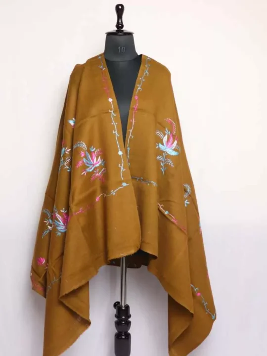 Dark Mustard Pink Chinari Amara Kashmiri Winter Shawl with Hand Embroidery