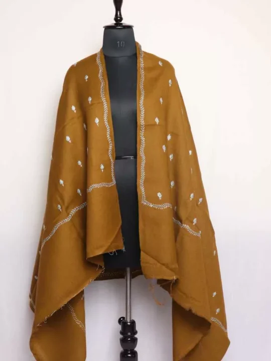 Mustard Lokut Posh Safed Amara Kashmiri Winter Shawl with Hand Embroidery