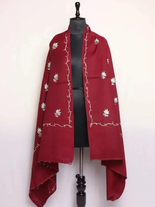 Maroon Safeed Chinar Booti Azra Kashmiri Winter Shawl with Hand Embroidery