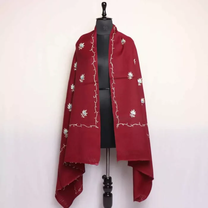 Maroon Safeed Chinar Booti Azra Kashmiri Winter Shawl with Hand Embroidery