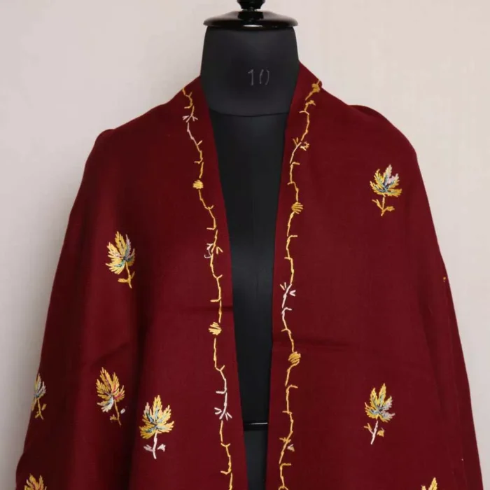 Maroon Yellow Chinar Azra Kashmiri Winter Shawl with Hand Embroidery - Image 2