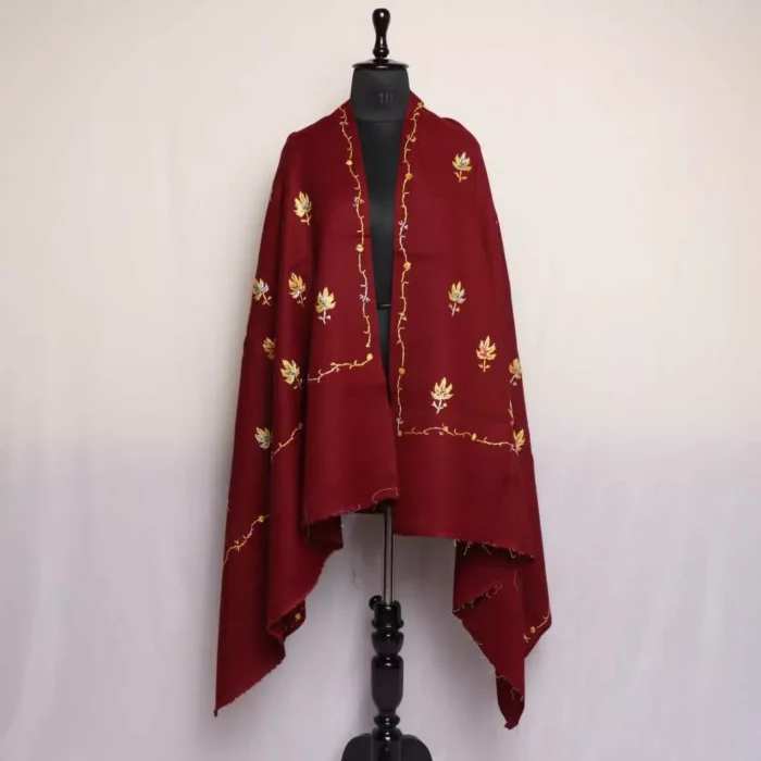 Maroon Yellow Chinar Azra Kashmiri Winter Shawl with Hand Embroidery