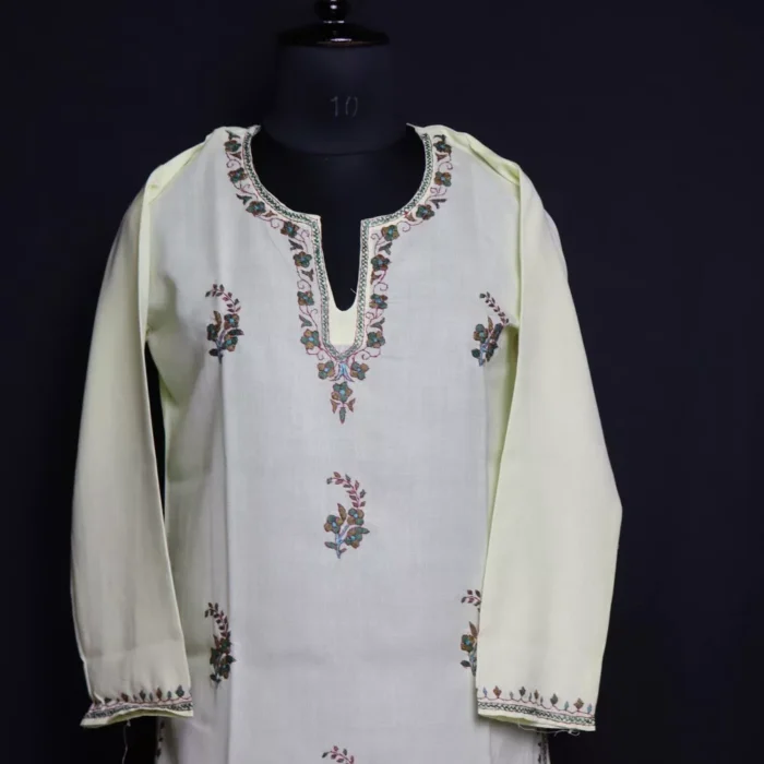 Light Yellow Summer Cool Cotton Kurta with Sozni Handwork - Image 2