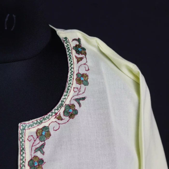 Light Yellow Summer Cool Cotton Kurta with Sozni Handwork - Image 3