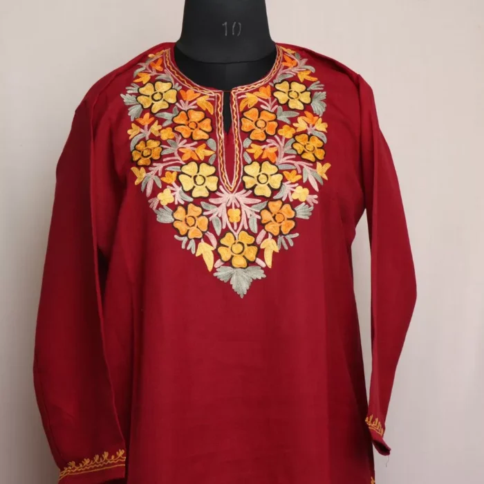 Maroon Kashmiri Summer Cool Cotton Kurta with Aari Embroidery - Image 2