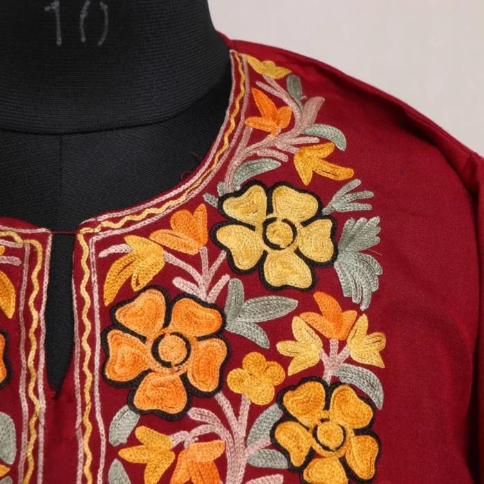 Maroon Kashmiri Summer Cool Cotton Kurta with Aari Embroidery - Image 3