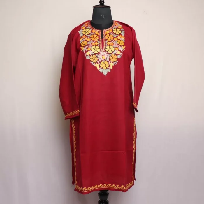 Maroon Kashmiri Summer Cool Cotton Kurta with Aari Embroidery
