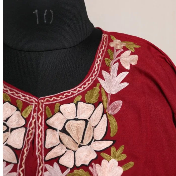 Maroon Summer Cotton Short Kashmiri Cotton Kurti with Aari Embroidery - Image 3