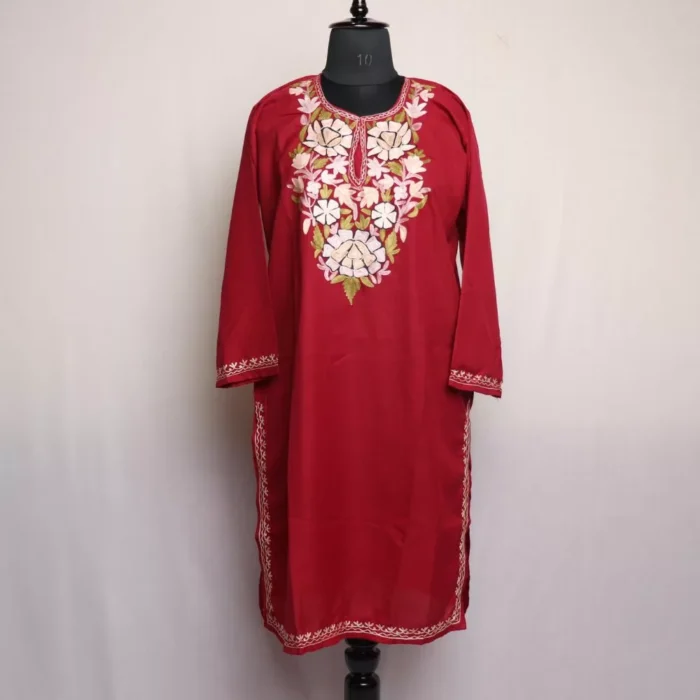 Maroon Summer Cotton Short Kashmiri Cotton Kurti with Aari Embroidery