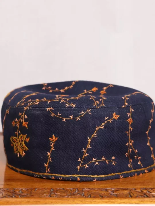 Navy Blue Sozni Cap with Yellow Embroidery