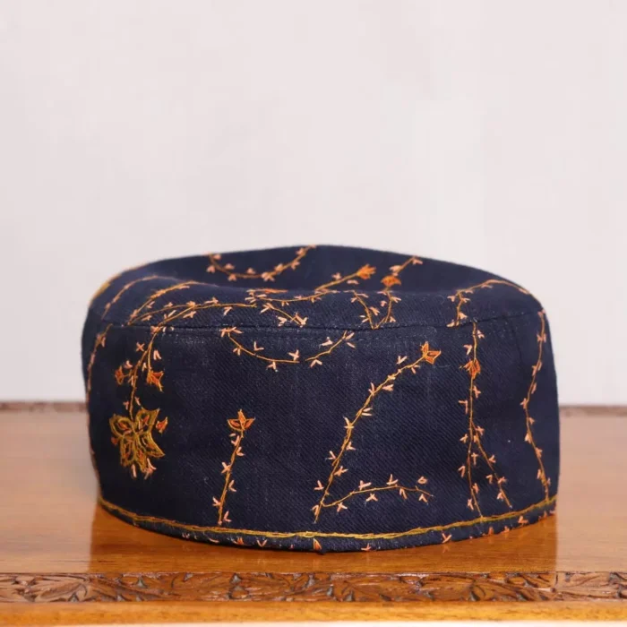 Navy Blue Sozni Cap with Yellow Embroidery