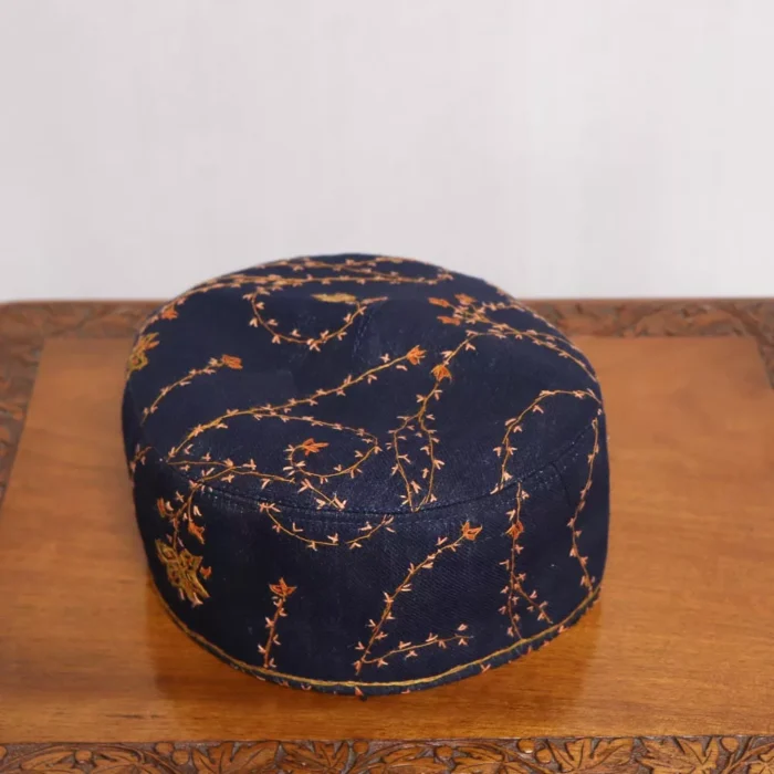 Navy Blue Sozni Cap with Yellow Embroidery - Image 3