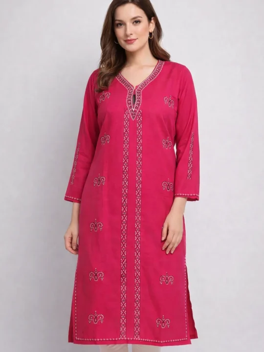 Pink Kastoori Kashmiri Sozni Handwork Cotton Summer Kurta