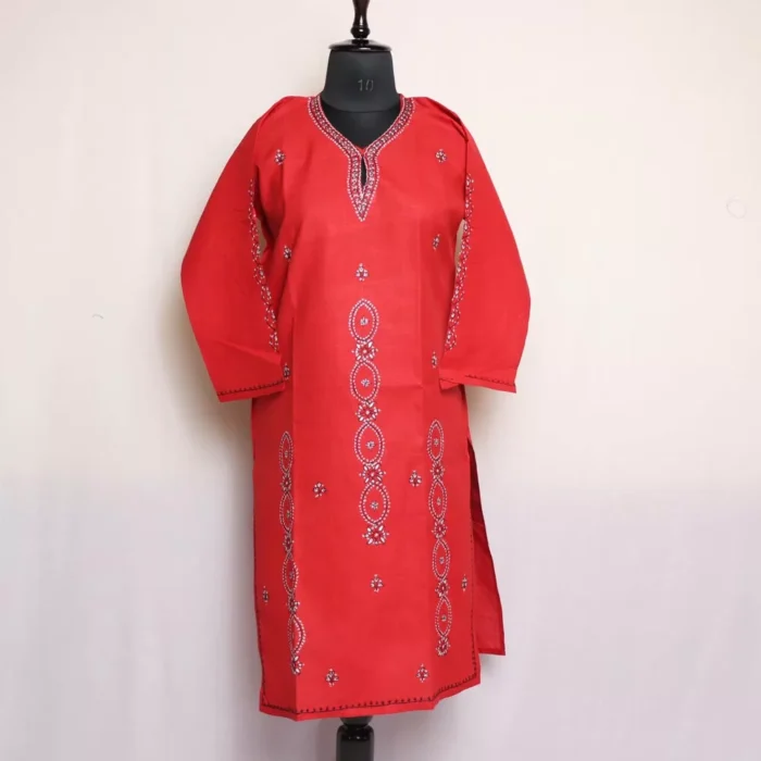 Red Kashmiri Sozni Embroidered Cotton Kurta - Image 4