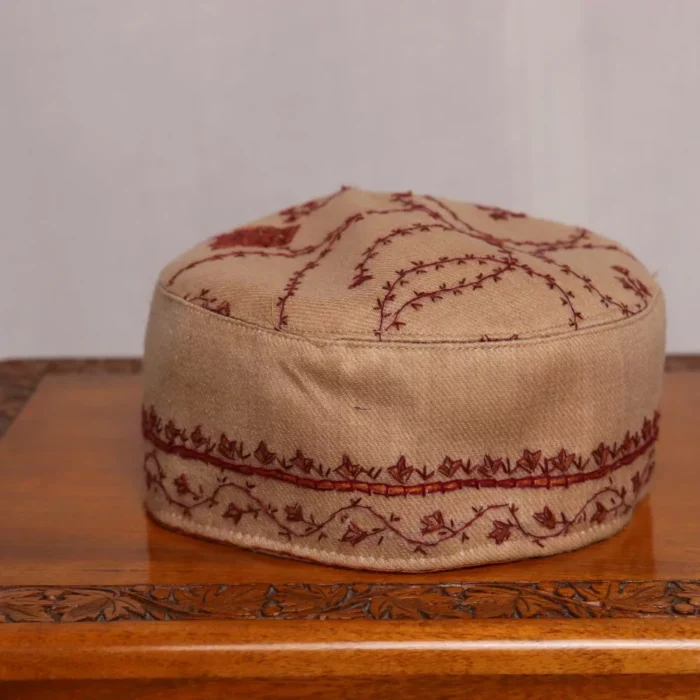 Beige Kashmiri Cap with Hand Sozni Embroidery